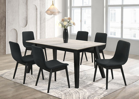 Dorri Dining Room Set with white porcelain table top and black chairs