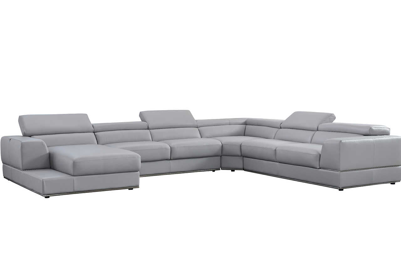 Side view of Pella Light Gray Leather LAF sectional sofa