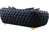 Side view showing sofa and loveseat in black velvet
