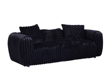 Close-up detail of striped black fabric upholstery on Eli set