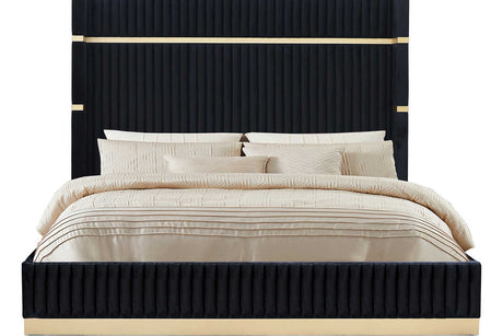 side view of Evon Black Upholstered Panel Bedroom Set bed