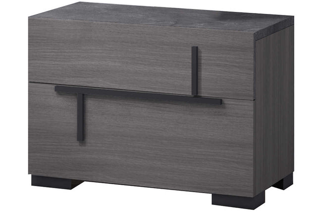 Sunrise Gray Nightstand front angle showing two soft-closing drawers