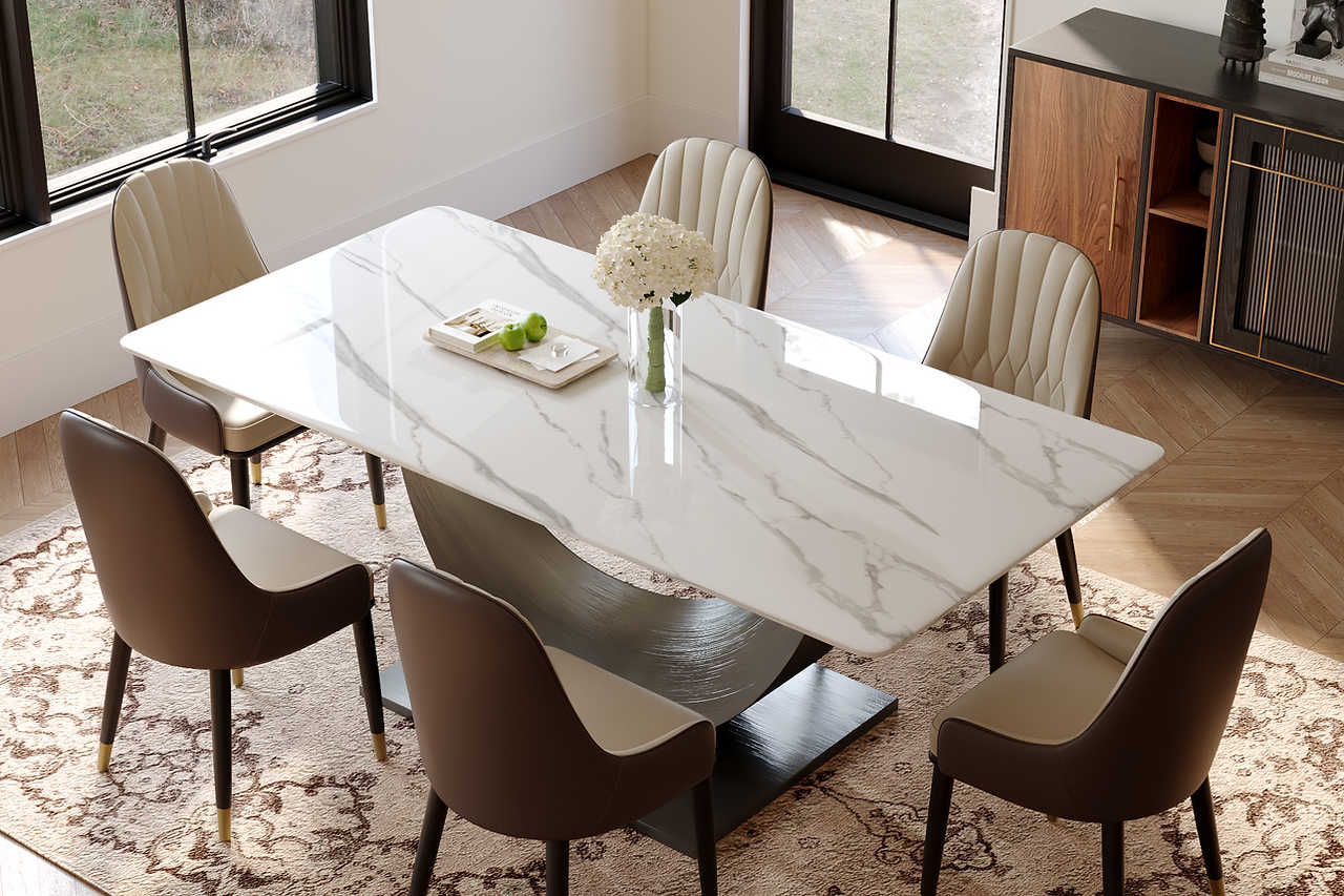 Side angle of Myla dining table with sleek carbon steel base