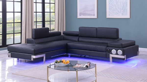 Front main view of Magic Black Sectional sofa in black PU upholstery