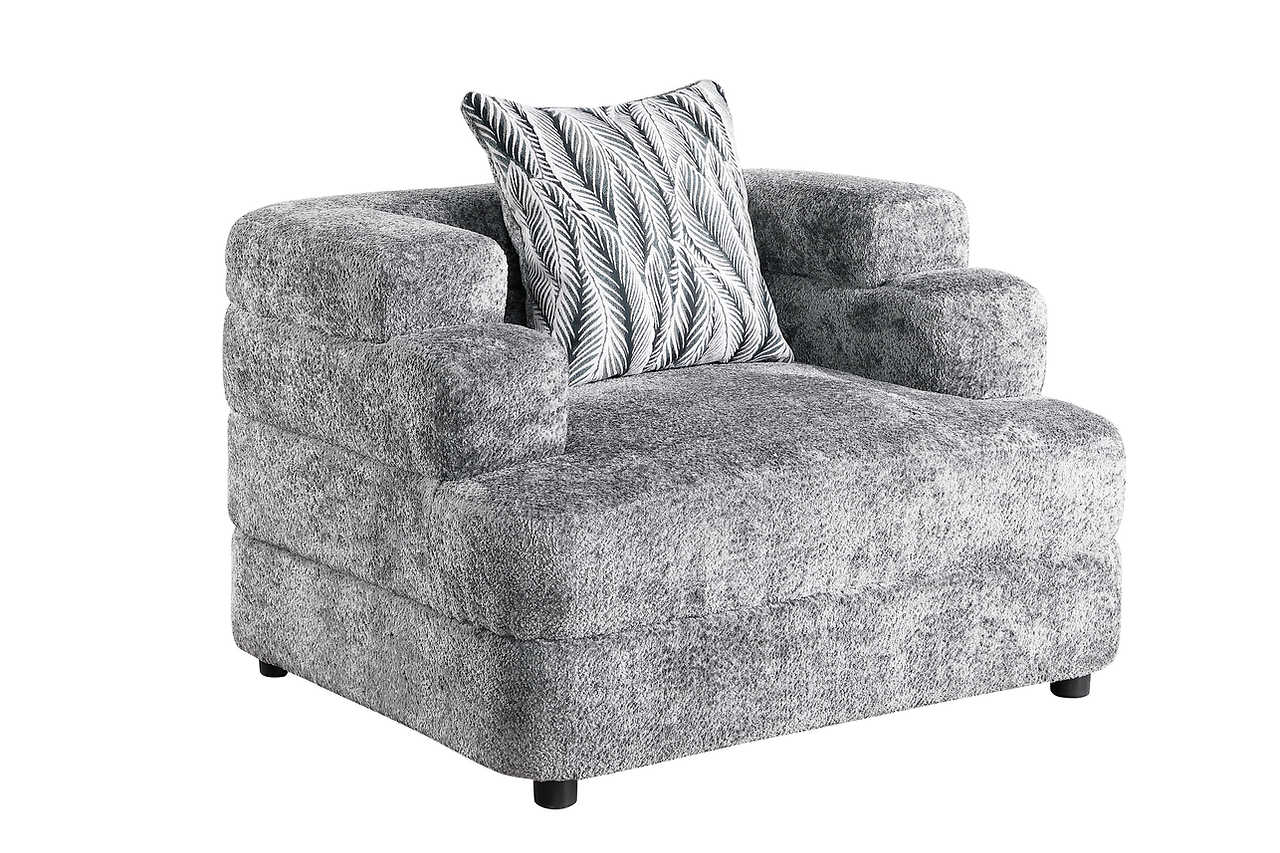 Side angle view showing charcoal boucle upholstery on Stepso set