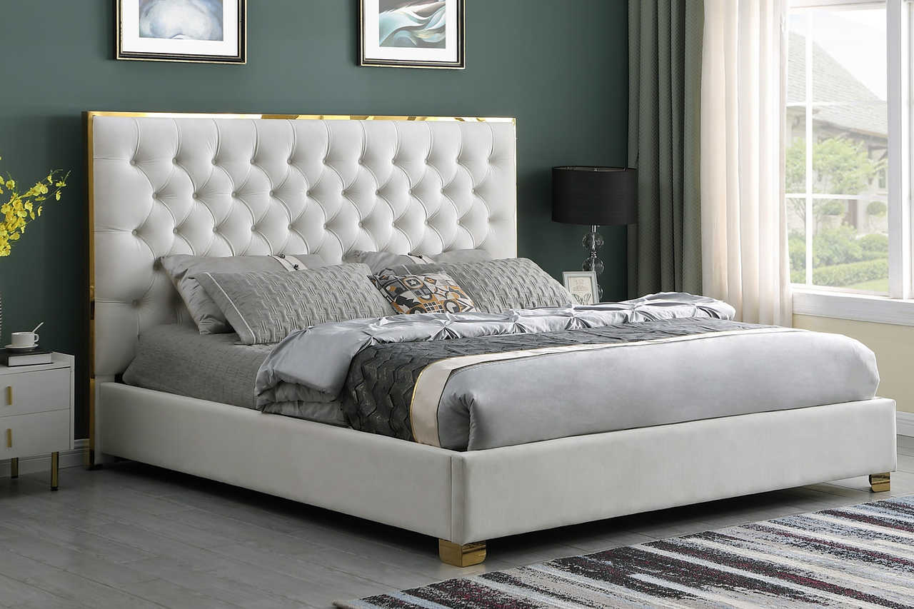 Rose Cream Velvet Tufted Queen Bed, angled side view