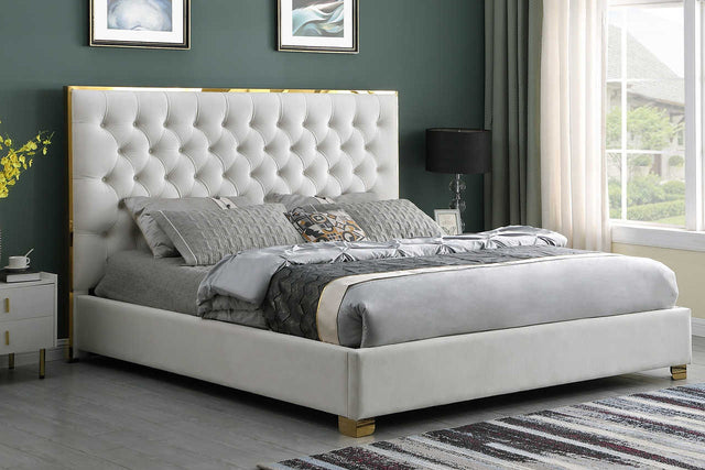 Rose Cream Velvet Tufted Queen Bed, angled side view