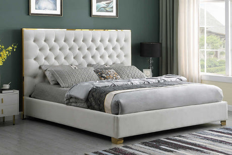 Rose Cream Upholstered Tufted King Bed angled view showing tufted velvet headboard