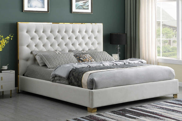 Rose Cream Upholstered Tufted King Bed angled view showing tufted velvet headboard