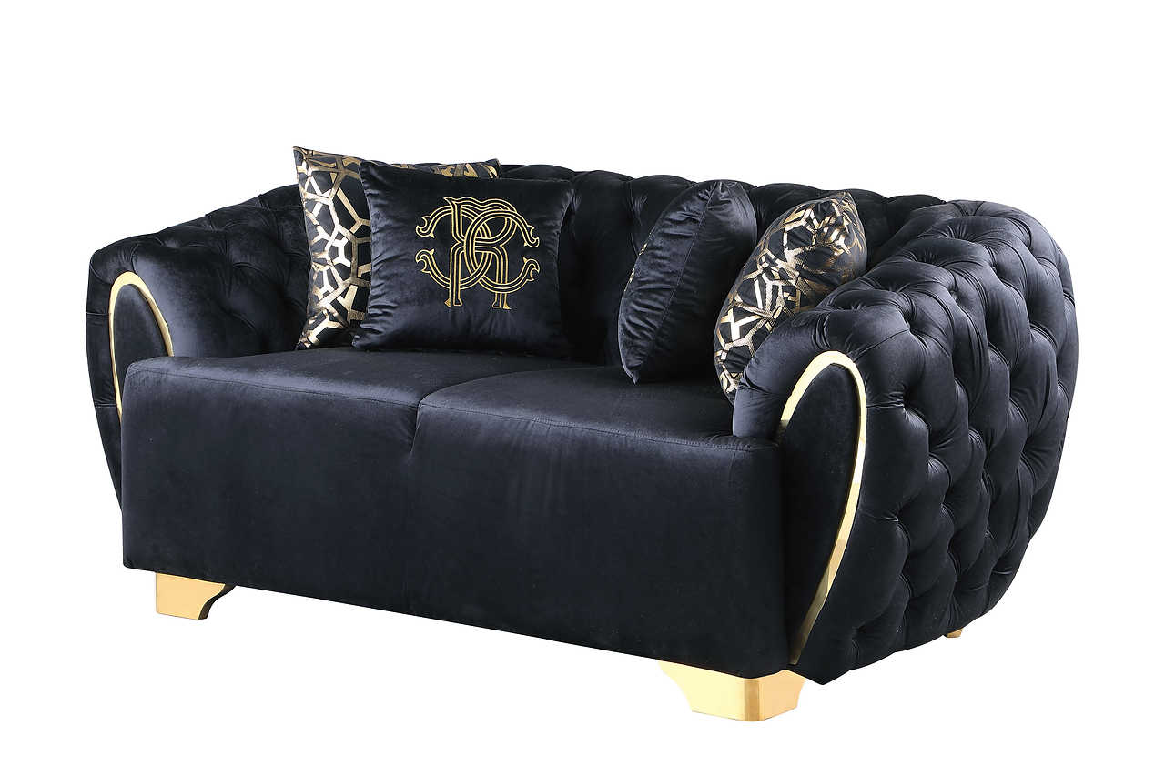 Angled main view of Mila Black Velvet Sofa and Loveseat set