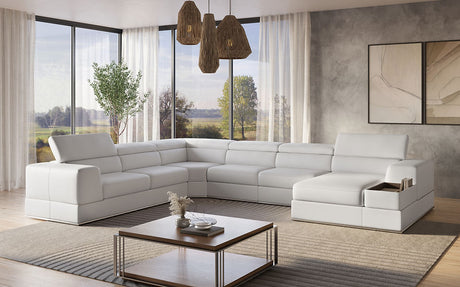 Pella White Leather RAF Sectional sofa front and side view