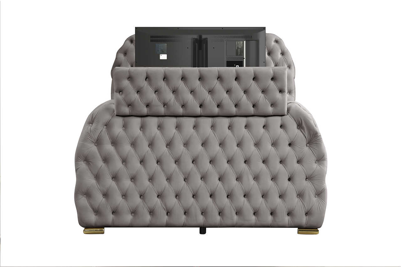 Side view of Royal Gray Upholstered Platform King Bed