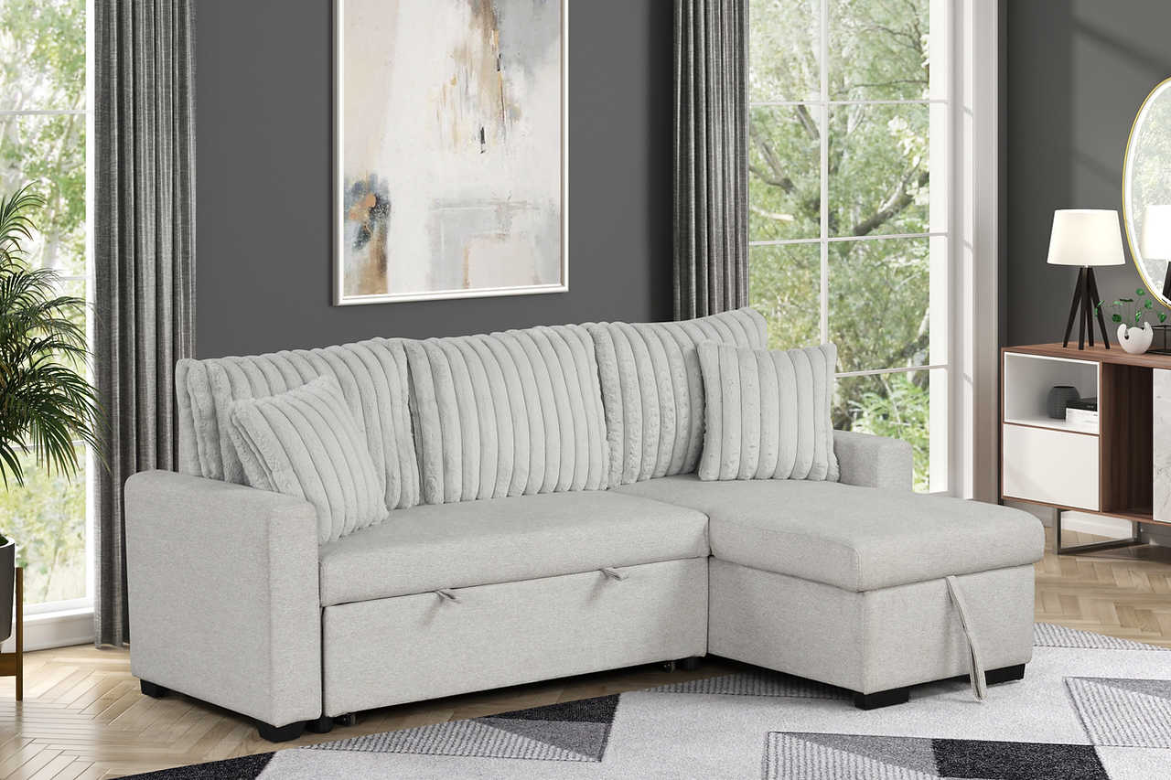 front view of Nori gray upholstered sectional sofa with pull-out bed