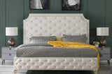 Leilah cream velvet tufted platform queen bed, side angle