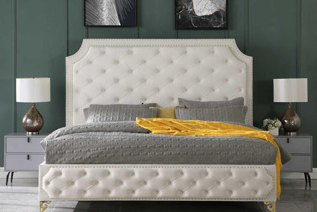 Leilah Cream Velvet Tufted Upholstered Platform King Bed front view