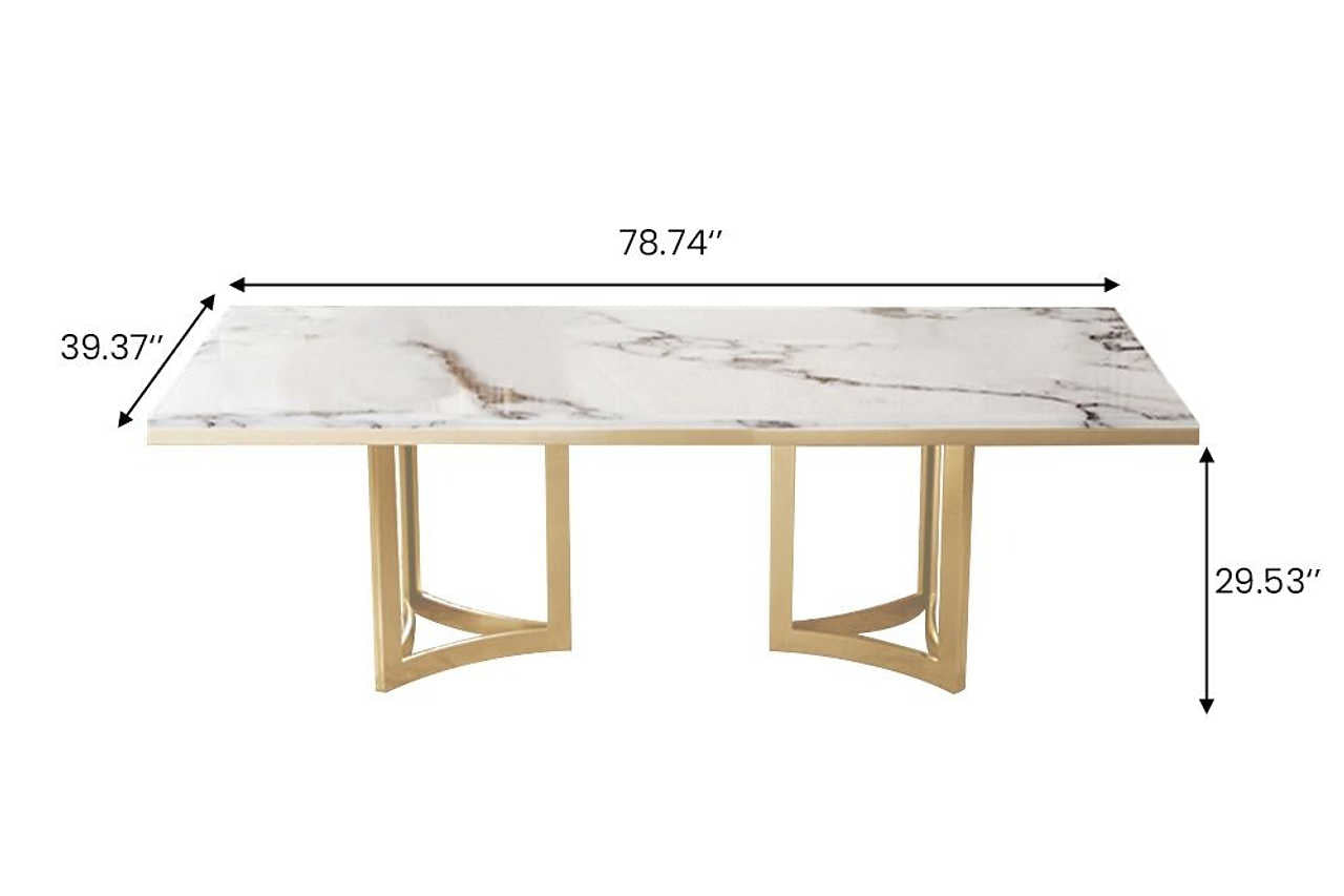 Close-up of white faux marble tabletop on Bura 79 dining table