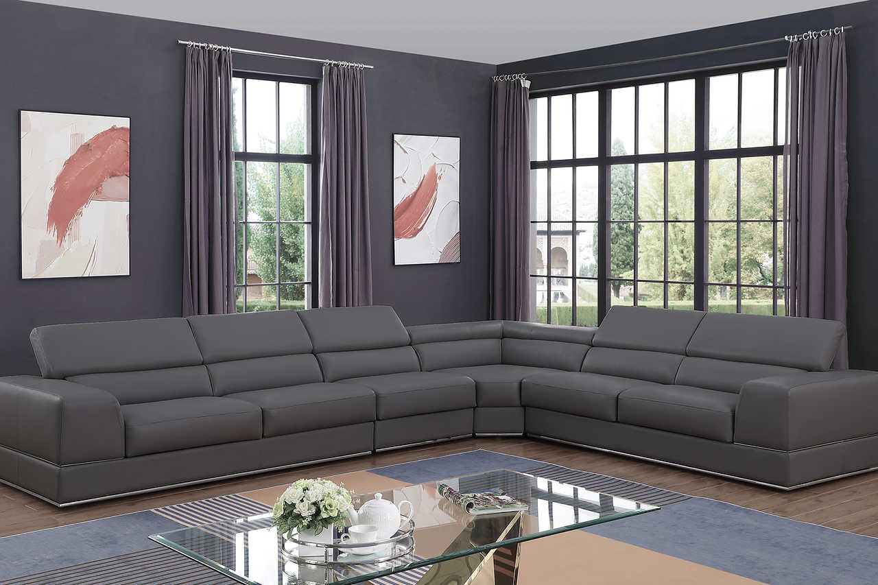 side view of Pella Dark Grey Leather Sectional sofa