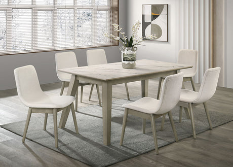 Dorri dining set main view with white porcelain top table and grey oak chairs