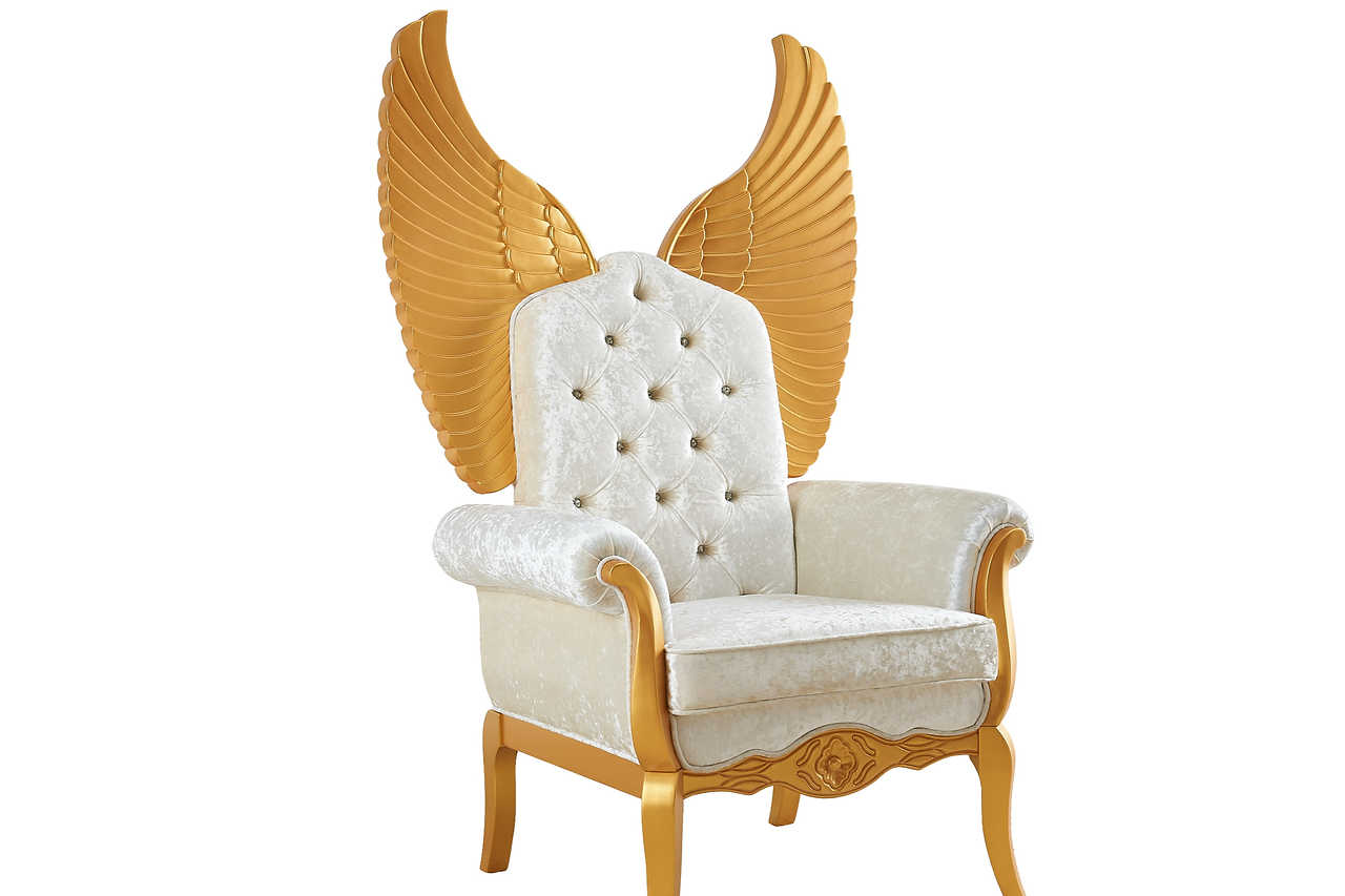 Close-up of Lucifur chair premium white fabric upholstery and gold frame