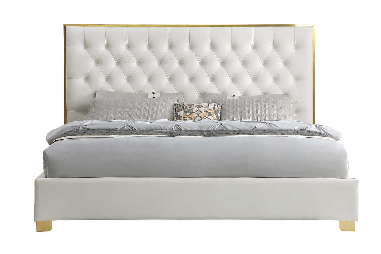 Cream Velvet Upholstered Tufted Queen Bed headboard detail