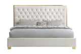 Close-up of cream velvet upholstery and chrome accents on King Bed headboard