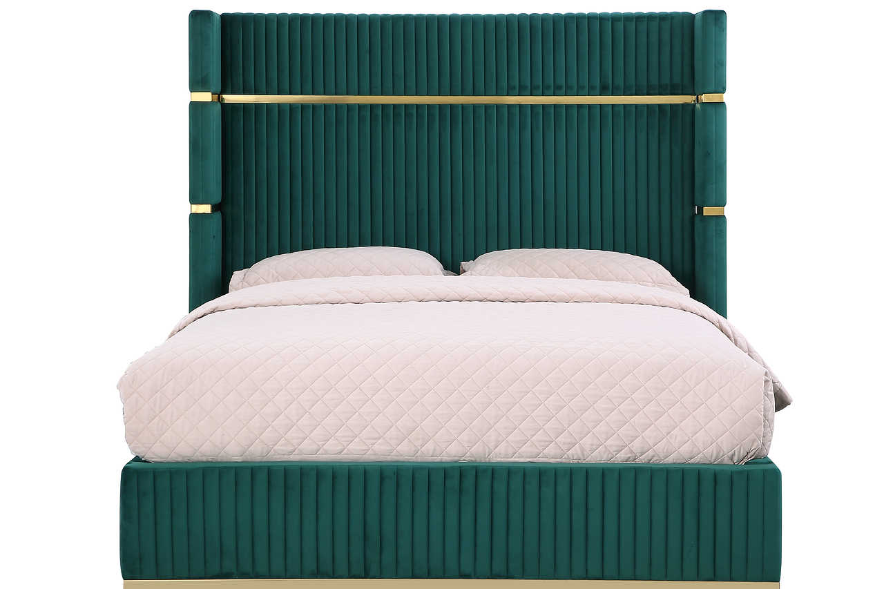 Aspen Green Velvet Upholstered King Platform Bed close-up of headboard