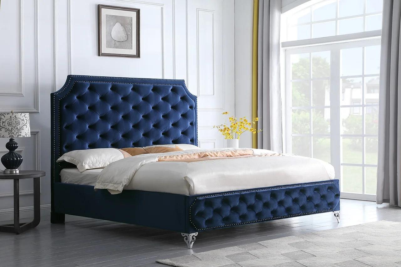 Leilah Blue Velvet Tufted Upholstered Platform Queen Bed at angle