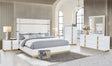Evon White Upholstered Panel Bedroom Set side angle showing upholstered bed panel and dresser