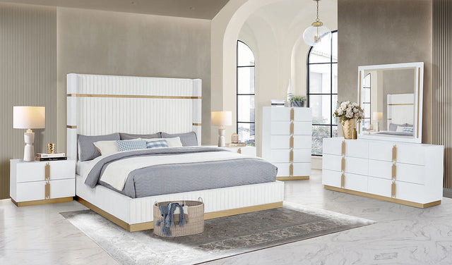 Evon White Upholstered Panel Bedroom Set side angle showing upholstered bed panel and dresser