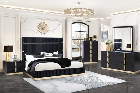 side view of Evon Black Upholstered Panel Bedroom Set bed