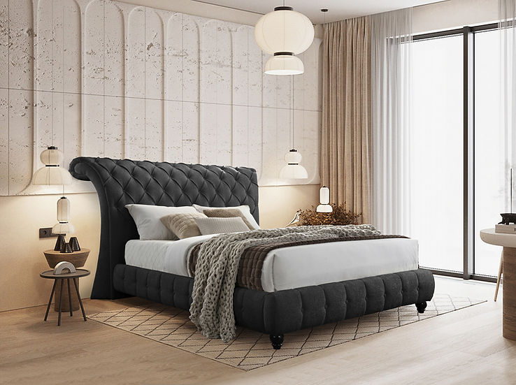Everly black fabric platform queen bed with headboard viewed from front angle