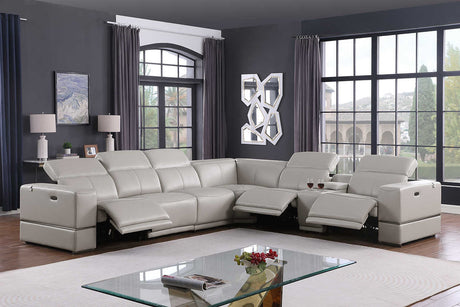 Franco light gray Italian leather sectional sofa, angled front view