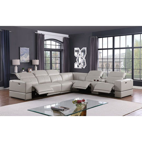 Franco 7-Piece Light Grey Italian Leather Match Power Reclining Sectional with 3 Power Seats and Storage Console from Decor Furniture