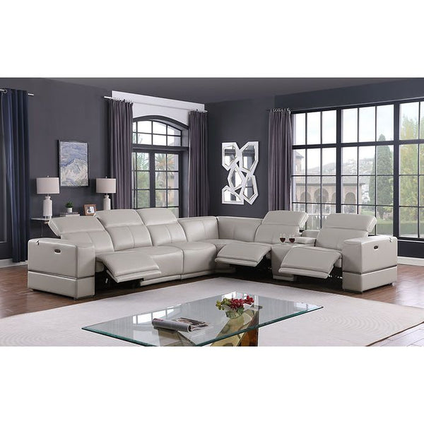 Franco 7-Piece Light Grey Italian Leather Match Power Reclining Sectional with 3 Power Seats and Storage Console from Decor Furniture