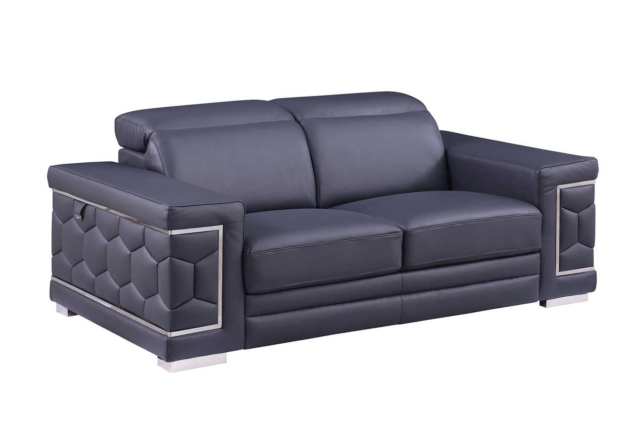 Front angle of Favo Dark Navy Leather Sofa and Loveseat