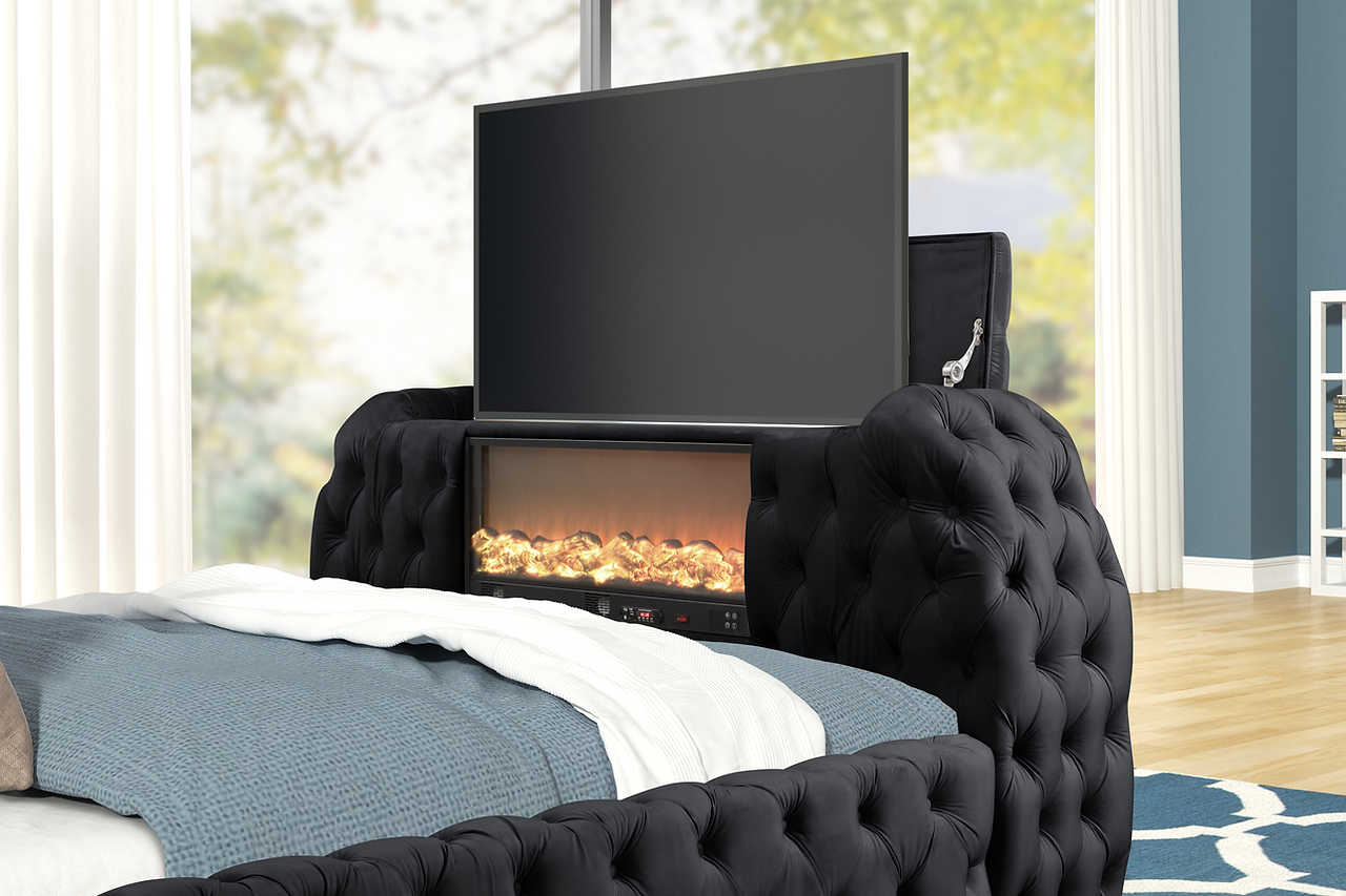 Close-up of black tufted upholstered headboard
