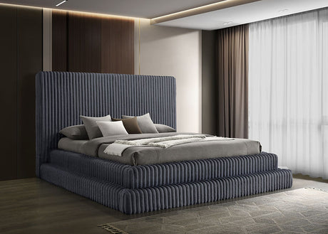 Micah Gray Upholstered Platform Bed in gray corduroy, side angle showing headboard and frame