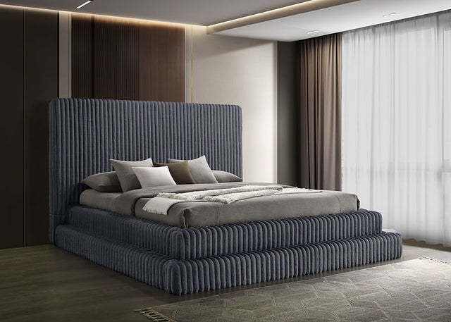 Micah gray upholstered platform king bed, front angle with headboard