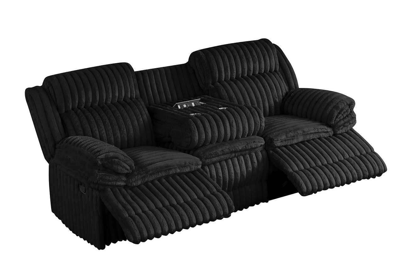 Reclining sofa and loveseat together showing size and style