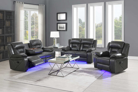 Concord reclining sofa in light grey with drop-down table and LED light