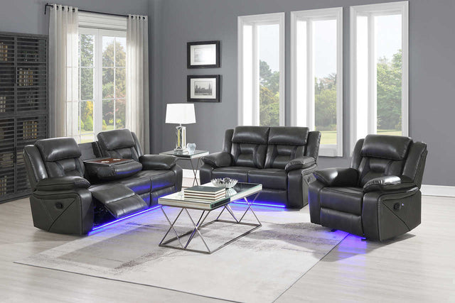Concord reclining sofa in light grey with drop-down table and LED light