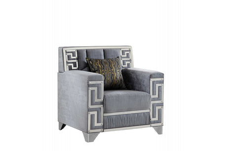 Hira Grey Chair front view showing grey upholstery and silver metal accents