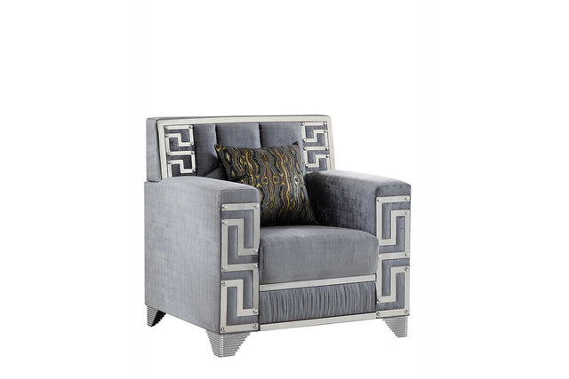 Hira Grey Chair front view showing grey upholstery and silver metal accents