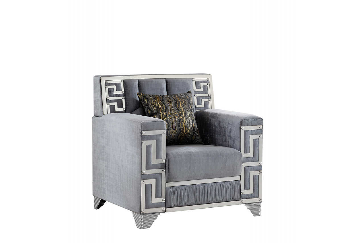 Side angle of Hira Grey sofa and loveseat