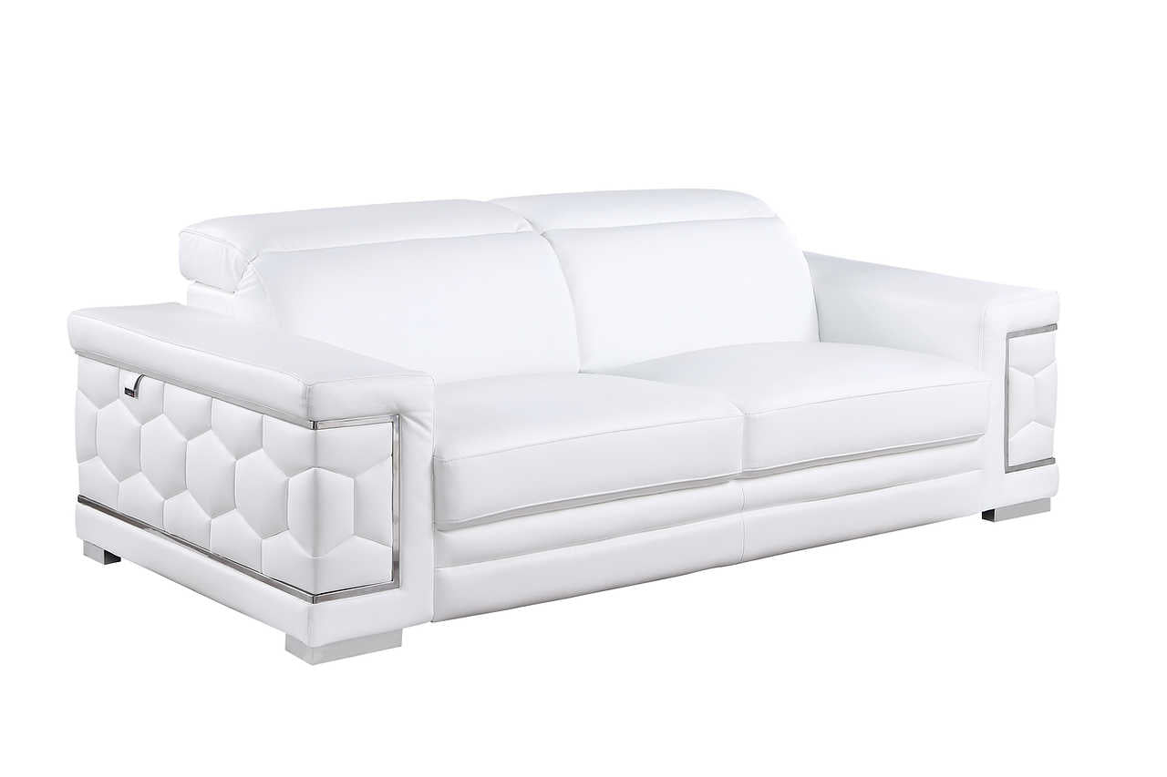 Detail view of Italian leather upholstery on Favo White Living Room Set