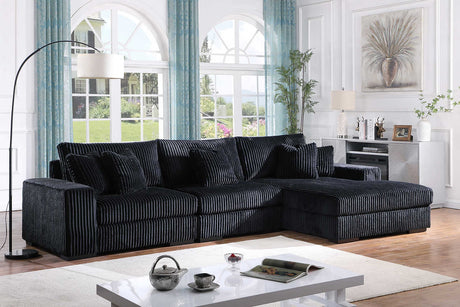 Main view of Comfy Black 3-Piece Upholstered Sectional Sofa with left-arm-facing chair, armless seat, and chaise