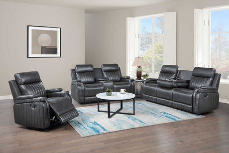Ethan dark grey Airleather reclining sofa front angled view