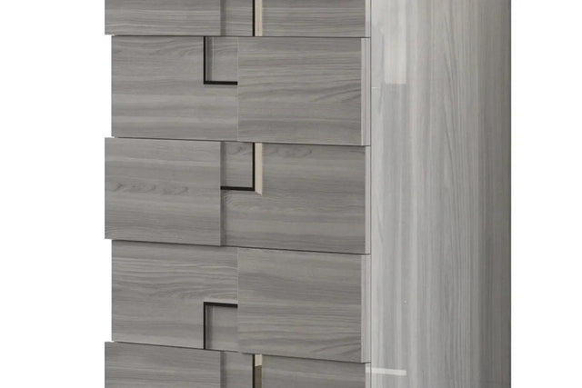 Infinity Gray 5-Drawer Chest in modern grey acacia veneer, front view