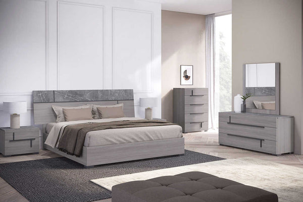 Sunrise Gray Italian Bedroom Set platform bed with fabric headboard front view
