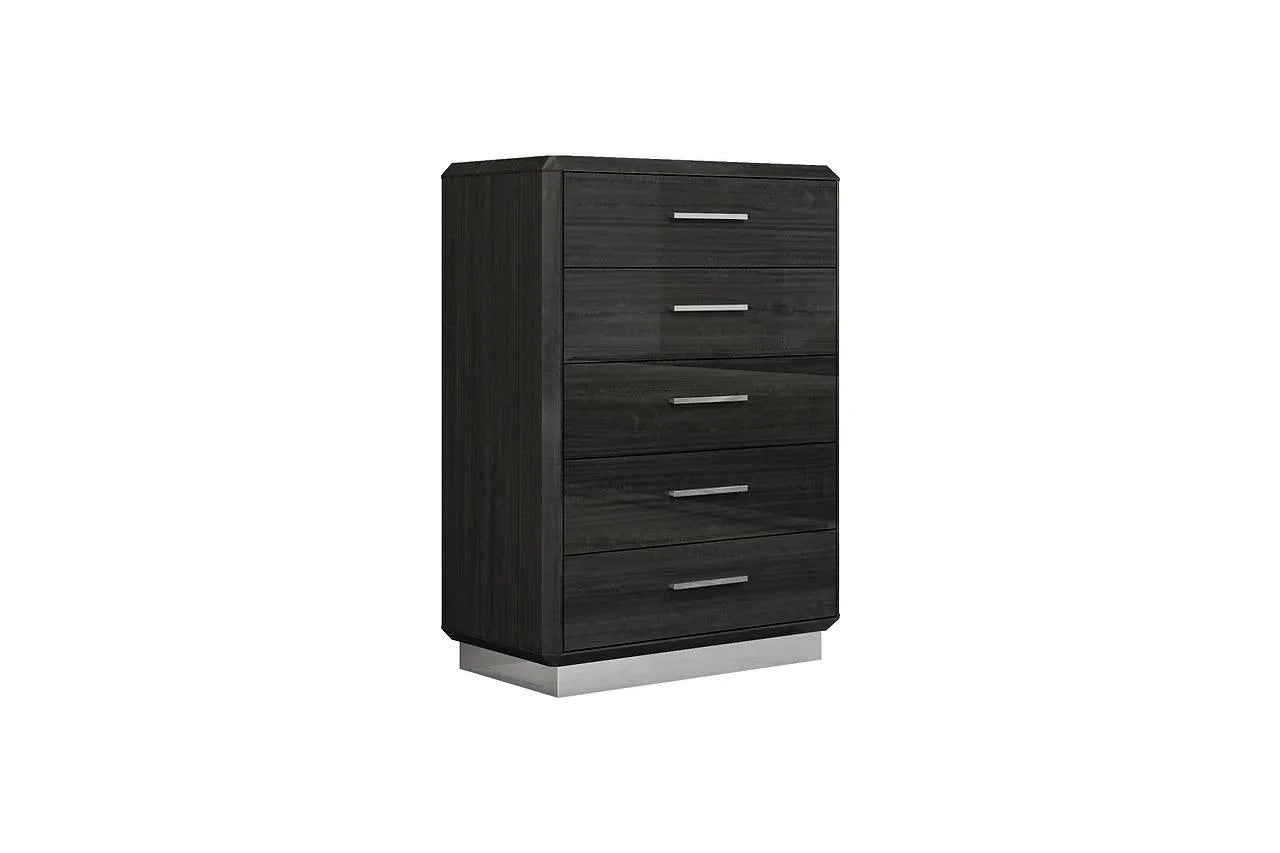 Dion Dark Gray Modern Contemporary High Gloss Pine Wood 5-Drawers Chest - front view